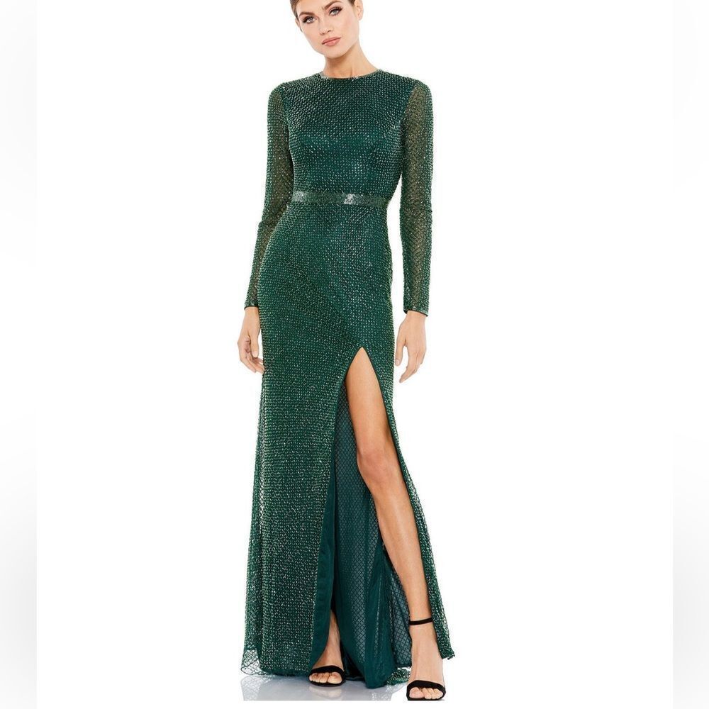NWT Mac Duggal Women's Long Sleeve Crew Neck High Split Gown Dark Green 8